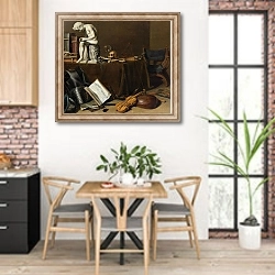 «Vanitas Still Life with the Spinario» в интерьере кухни с кирпичными стенами над столом