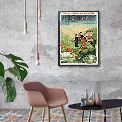 «Poster advertising the ski resort of Ax-Les-Thermes, France, c.1900» в интерьере в стиле лофт с бетонной стеной