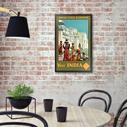 «Visit India, Udaipur', an advertising poster for Indian State Railways» в интерьере кухни в стиле лофт с кирпичной стеной