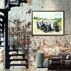 «Автомобили в искусстве 53» в интерьере двухярусной гостиной в стиле лофт с кирпичной стеной