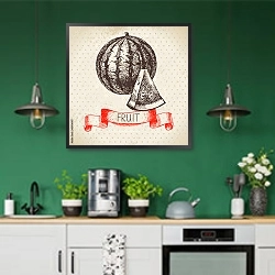 «Иллюстрация с арбузом» в интерьере кухни с зелеными стенами