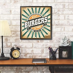 «Бургеры, ретро плакат» в интерьере кабинета в стиле лофт над столом