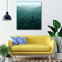 «Зеленый тропический лес» в интерьере современной гостиной с желтым диваном