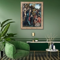 «Рождение с младенцем-Крестителем и пастухами» в интерьере гостиной в зеленых тонах