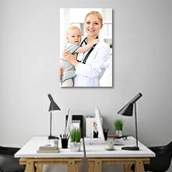 «Педиатр заботится о ребенке в больнице» в интерьере современного офиса над столами работников