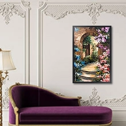 «Летняя терраса в цветах у дома в Греции» в интерьере гостиной в оливковых тонах