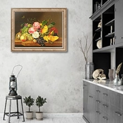 «Still life with Flowers and Fruit, 1821» в интерьере современной кухни в серых тонах