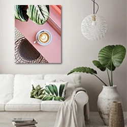 «Чашка кофе под пальмовым листком» в интерьере светлой гостиной в скандинавском стиле над диваном