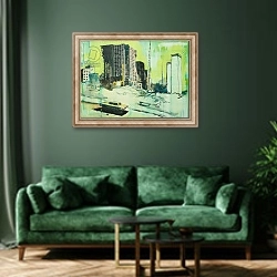 «Ghostscraper, 2014,» в интерьере зеленой гостиной над диваном