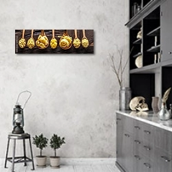 «Виды макарон в деревянных ложках на столе» в интерьере современной кухни в серых тонах