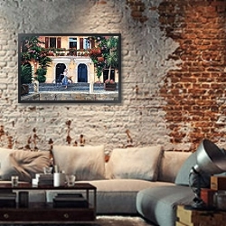 «Limone, Lake Garda, Italy, 2003» в интерьере гостиной в стиле лофт с кирпичной стеной