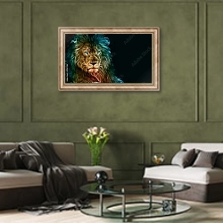 «Огненный лев» в интерьере гостиной в оливковых тонах