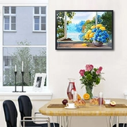 «Букет из весенних цветов на столе возле окна» в интерьере кухни над кофейным столиком
