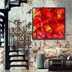 «Красные листья 2» в интерьере двухярусной гостиной в стиле лофт с кирпичной стеной