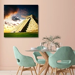 «Мексика, пирамиды Майя в Чичен Ица» в интерьере современной столовой в пастельных тонах