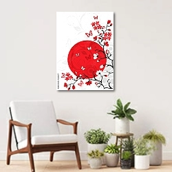 «Вишневые цветущие ветви на фоне красного солнца» в интерьере современной комнаты над креслом