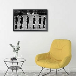 «История в черно-белых фото 589» в интерьере комнаты в скандинавском стиле с желтым креслом