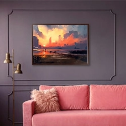 «Человек на морском пляже, смотрящий на небоскребы на закате» в интерьере гостиной с розовым диваном