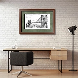 «Illustration of Brooklyn Bridge and East River, New York, United States. Vintage engraving from 1890» в интерьере современного кабинета с кирпичными стенами