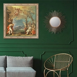 «Abraham welcoming the Angels, c.1695» в интерьере классической гостиной с зеленой стеной над диваном