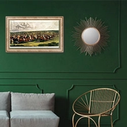 «The Start of the Memorable Derby of 1844, engraved by Charles Hunt» в интерьере классической гостиной с зеленой стеной над диваном