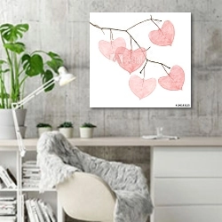 «Ветка с розовыми листьями в форме сердца » в интерьере кабинета в скандинавском стиле с бетонной стеной