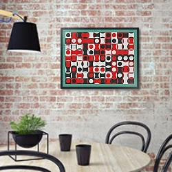 «BLACK WHITE & RED COMPOSIT OF CIRCLES» в интерьере кухни в стиле лофт с кирпичной стеной