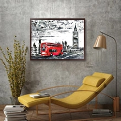 «Красный лондонский автобус на дороге к Биг Бену» в интерьере в стиле лофт с желтым креслом