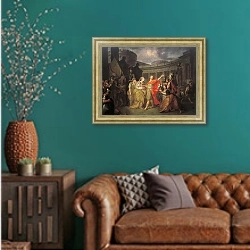 «Прощание Гектора с Андромахой. 1773» в интерьере гостиной с зеленой стеной над диваном