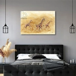 «Giraffe running, 2013» в интерьере современной спальни с черной кроватью