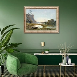 «Sunset over a River Landscape, c.1840» в интерьере гостиной в зеленых тонах
