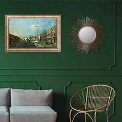 «Венеция - Пьяцца Сан Марко» в интерьере классической гостиной с зеленой стеной над диваном