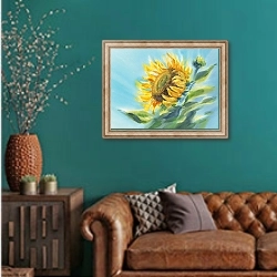 «A sunflower closeup in the blue sky watercolor background» в интерьере гостиной с зеленой стеной над диваном «A sunflower closeup in the blue sky watercolor background» в интерьере гостиной с зеленой стеной над диваном