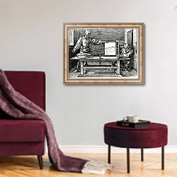 «An artist drawing a lute with the aid of a perspective apparatus, illustration 1525» в интерьере гостиной в бордовых тонах