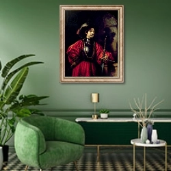 «Portrait of a man in military costume, 1650» в интерьере гостиной в зеленых тонах