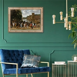 «The Princes of Orange and their Families on Horseback, Riding Out from The Buitenhof, The Hague» в интерьере в классическом стиле с зеленой стеной