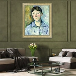 «Portrait of Madame Cezanne, 1885-90» в интерьере гостиной в оливковых тонах
