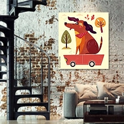 «Иллюстрация с забавной собакой, сидящей на красной машинке» в интерьере двухярусной гостиной в стиле лофт с кирпичной стеной
