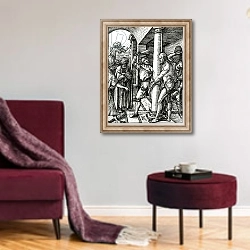 «The Flagellation of Christ, from The Small Passion series, 1509» в интерьере гостиной в бордовых тонах