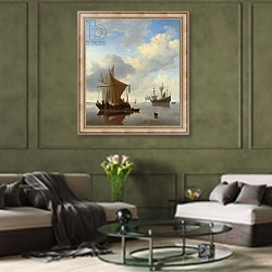 «A calm - a smalschip and a kaag at anchor with an English man-o'-war beyond» в интерьере гостиной в оливковых тонах