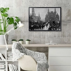 «История в черно-белых фото 899» в интерьере кабинета в скандинавском стиле с бетонной стеной