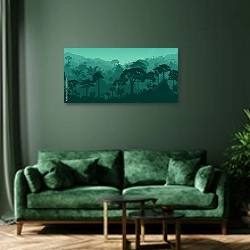 «Изумрудный тропический лес» в интерьере стильной зеленой гостиной над диваном