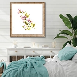 «Розовые цветы дикой розы» в интерьере спальни в стиле прованс с голубыми деталями