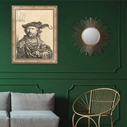 «Self Portrait in a Velvet Cap with Plume, 1638» в интерьере классической гостиной с зеленой стеной над диваном