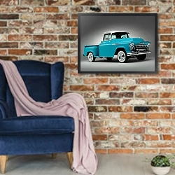 «Chevrolet 3100 Pickup '1957» в интерьере в стиле лофт с кирпичной стеной и синим креслом