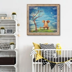 «Грустный слон на скамейке » в интерьере детской комнаты для мальчика с желтыми деталями