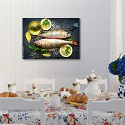 «Свежая рыба с ароматными травами, специями и солью» в интерьере кухни в стиле прованс над столом с завтраком