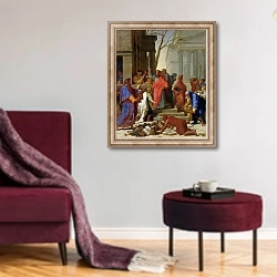 «The Sermon of St. Paul at Ephesus, 1649» в интерьере гостиной в бордовых тонах