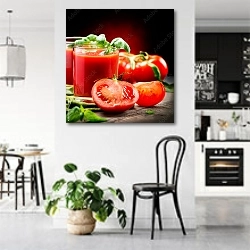 «Томатный сок и свежие помидоры с базиликом на деревянном столе» в интерьере современной светлой кухни