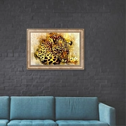 «Акварельный портрет леопарда 1» в интерьере в стиле лофт с черной кирпичной стеной